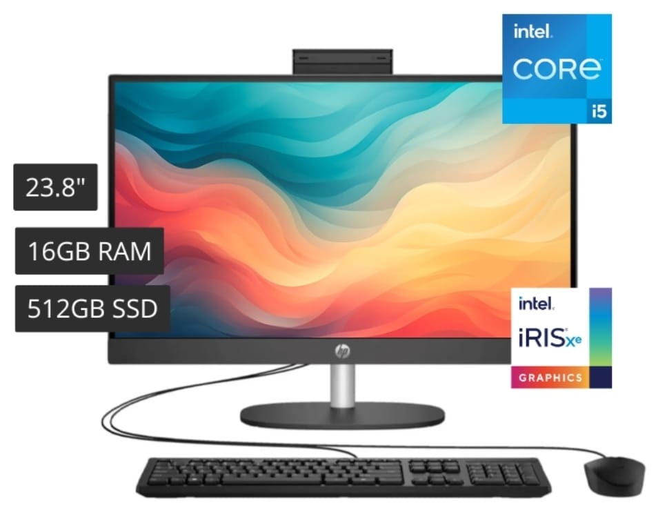 Hp ProOne 240, Core I5-1334U, 16GB DDR4, 512GB SSD, 23.8 FHD (1920x1080), WiFi, Bluetooth, Webcam, FreeDOS, Negro, Teclado y Mouse